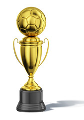 Trophy cup, with a soccer ball at the top. All in gold, with bla