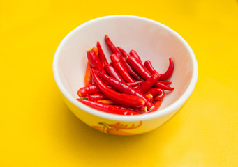 red hot chili pepper in a bowl yellow background