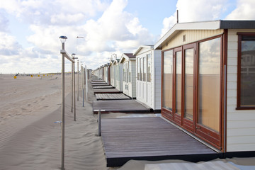 View at beach houses on beach in IJmuiden, The Netherlands