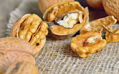 walnut  on the sackcloth background