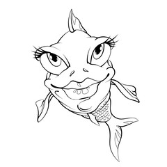 Cartoon fish smiling. Drawing style black on white.