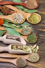 Different  spices in wooden spoons