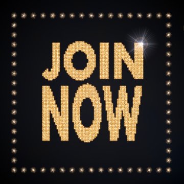 3d graphic of a glowing join now symbol glittering golden