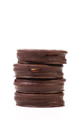 Stack biscuit sandwich with chocolate.