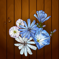 Beautiful flowers on a wooden texture. Vector illustration.