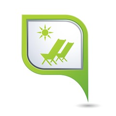 Beach chair with sun symbol on map pointer, vector illustration