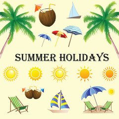 Summer set with suns, palms and other.