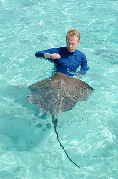 Tourist playing with stingray in a lagoon