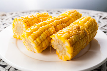 Boiled corn on the white plate.