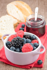 Mixed berry jam with bilberries, raspberries and blackberries