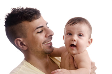 Modern father and little baby isolated on white