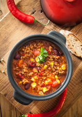 Overhead view of spicy chili con carne casserole