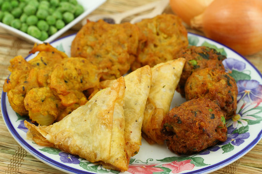 Selection of Indian vegetarian snacks