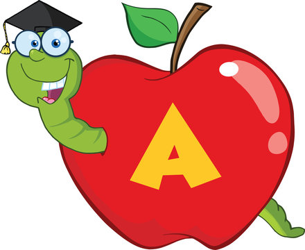 Happy Worm In Red Apple With Graduate Cap,Glasses And Leter A