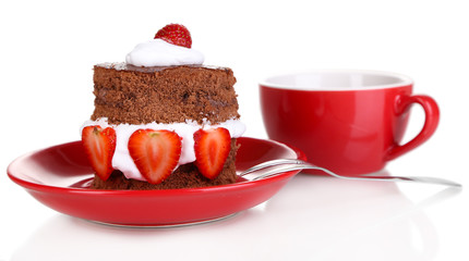 Chocolate cake with strawberry isolated on white