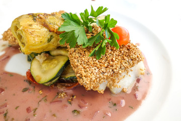 grilled seafood and vegetables