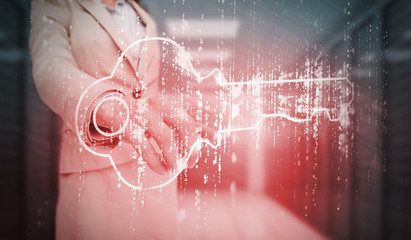 Businesswoman touching red lock graphic