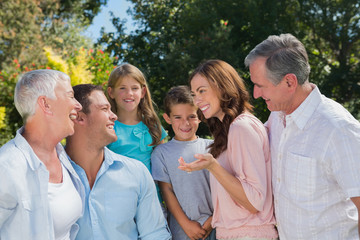 Smiling family and grandparents talking