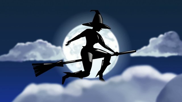 Hexe auf Besen mit Mond