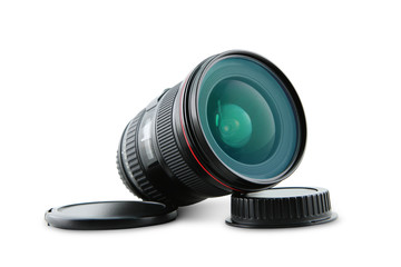 Close up of camera lens on a white background