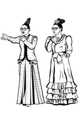 a sketch retro young woman spectacled and long dress