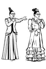 a sketch retro young woman spectacled and long dress