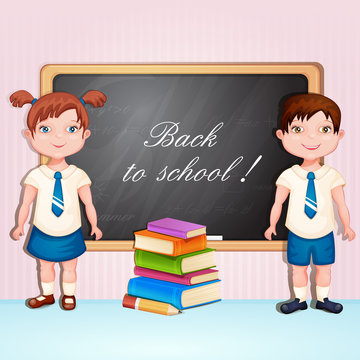 Back to school illustration with boy and girl in school uniform.
