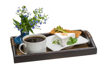 Breakfast with coffee, and cheese