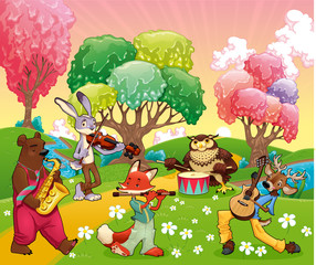 Musician animals in a fantasy landscape.