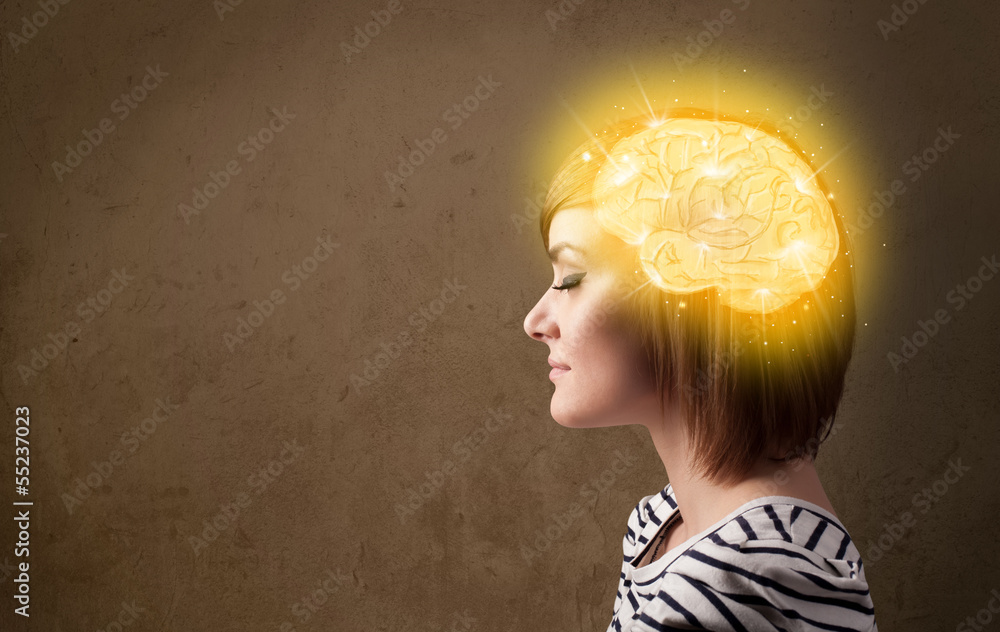 Wall mural Young girl thinking with glowing brain illustration