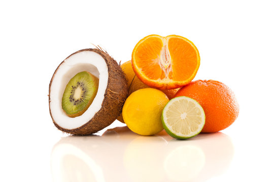 Healthy tropical fresh fruits on white background