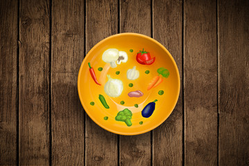 Colorful plate with hand drawn icons, symbols, vegetables and fr