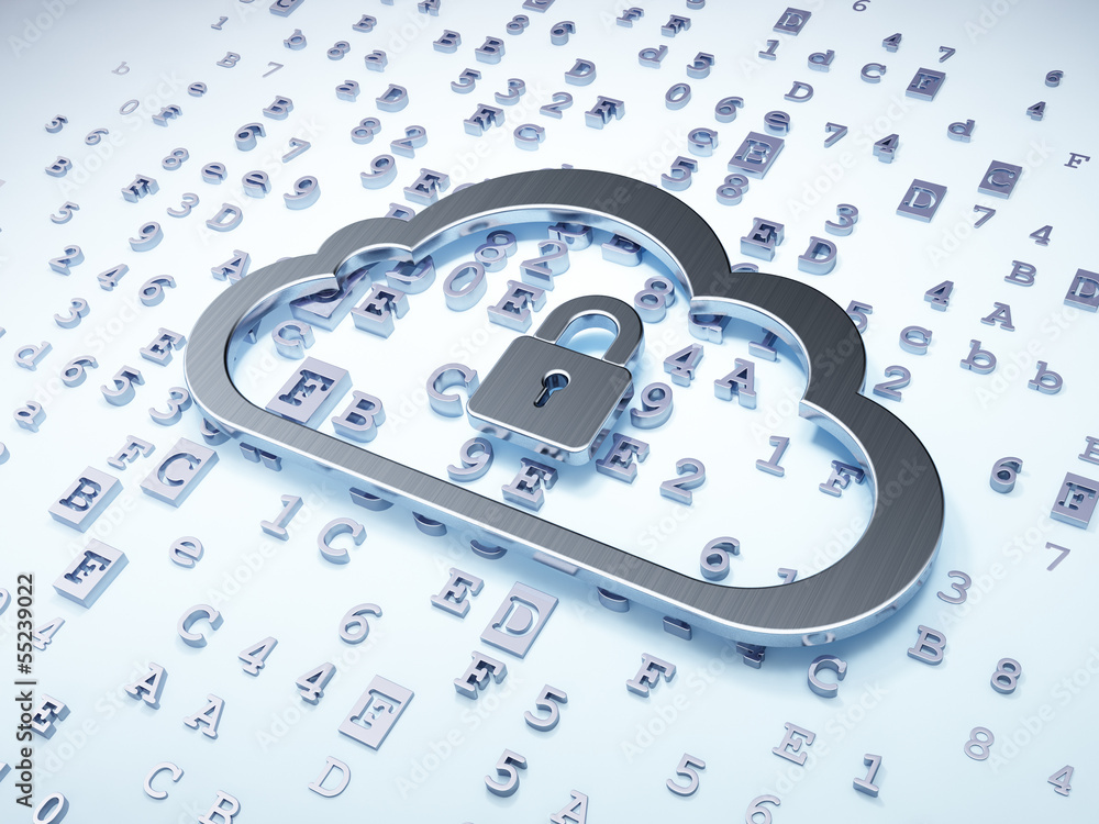 Poster cloud networking concept: silver cloud with padlock on digital b