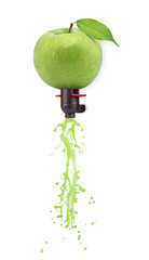 Green apple transforming into cider on white background
