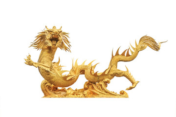 Golden dragon statue on white background