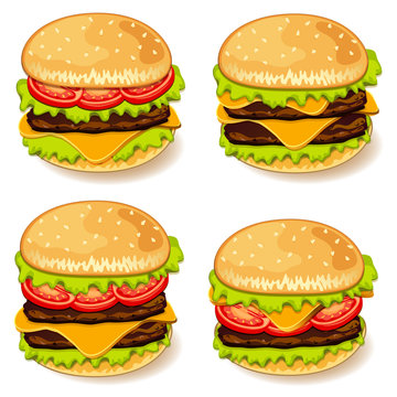 Illustration of various burgers.