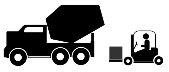 Camion bétonnière à coté d'un chariot élévateur	