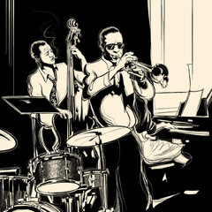 Jazz band with double-bass trumpet piano and drum