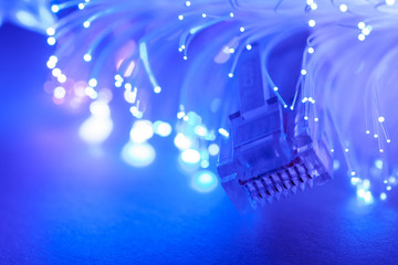 Network cables with fiber optic. Selective focus.