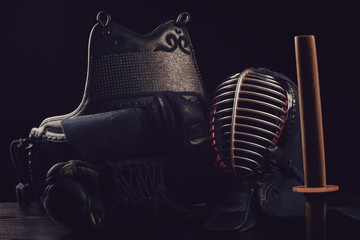 Kendo sports gear, studio shot: men, kote, do and bokuto