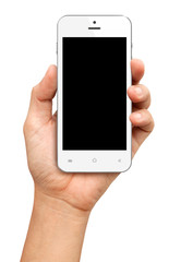Hand holding White Smartphone with blank screen