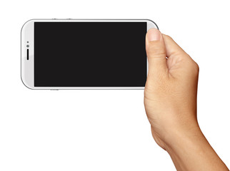 Hand holding White Smartphone in horizontal on white background