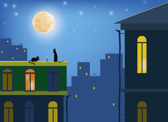 Cats .Сats in the moonlight on the roofs of the city
