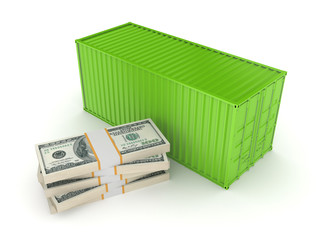 Green container and stack of dollars.
