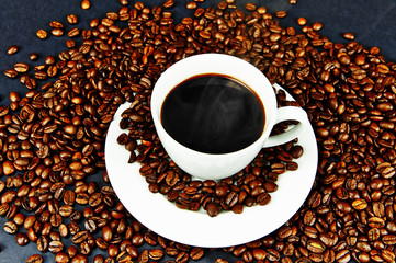 Steaming hot cup of black coffee
