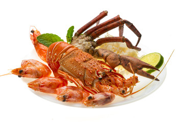 Spiny lobster, shrimps, crab legs  and rice