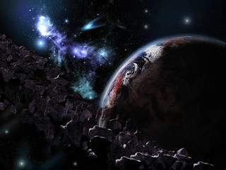 Realistic planet with planetoid in space © bydawidw