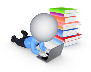 3d small person with notebook and colorful books.