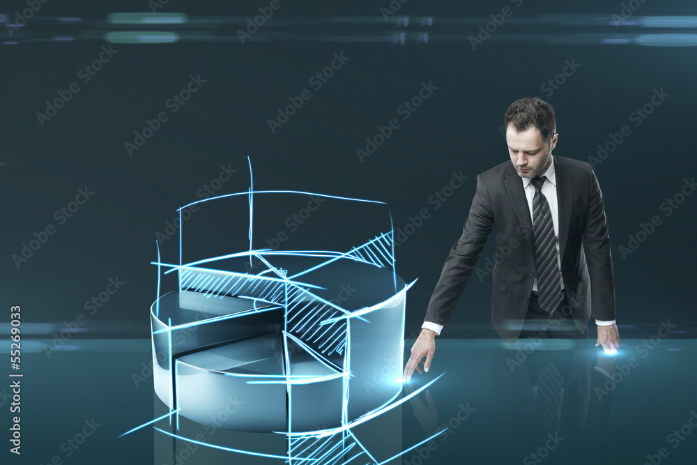 Poster man pushing pie chart interface