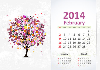Calendar for 2014, february